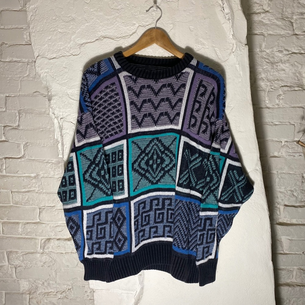Vintage Geometric Knit Sweater Mens L‎ Teal Purple Blue Abstract 90s